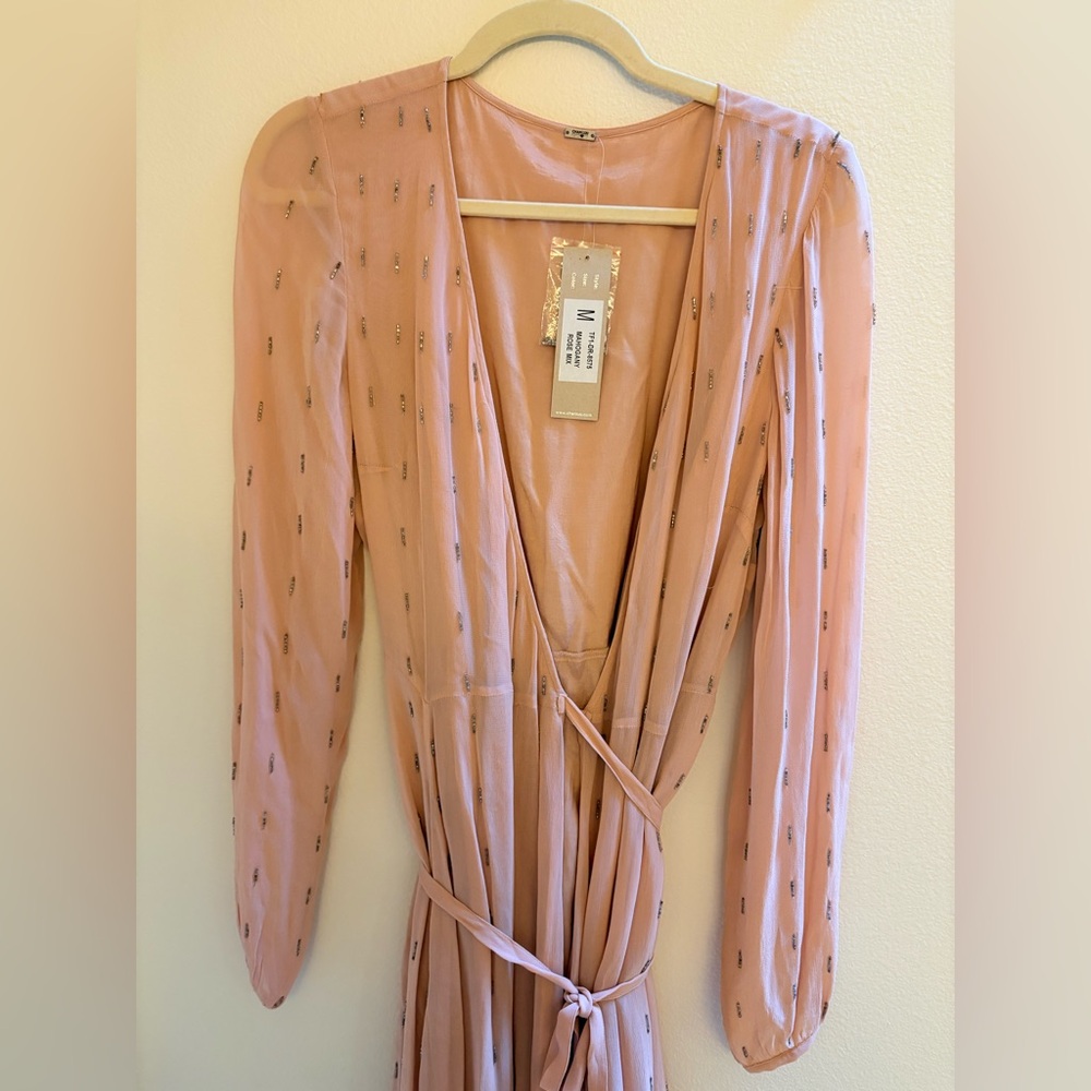 Chan Luu PINK Sheer Long Sleeve Beaded Front Button Closure Oversized Dress M